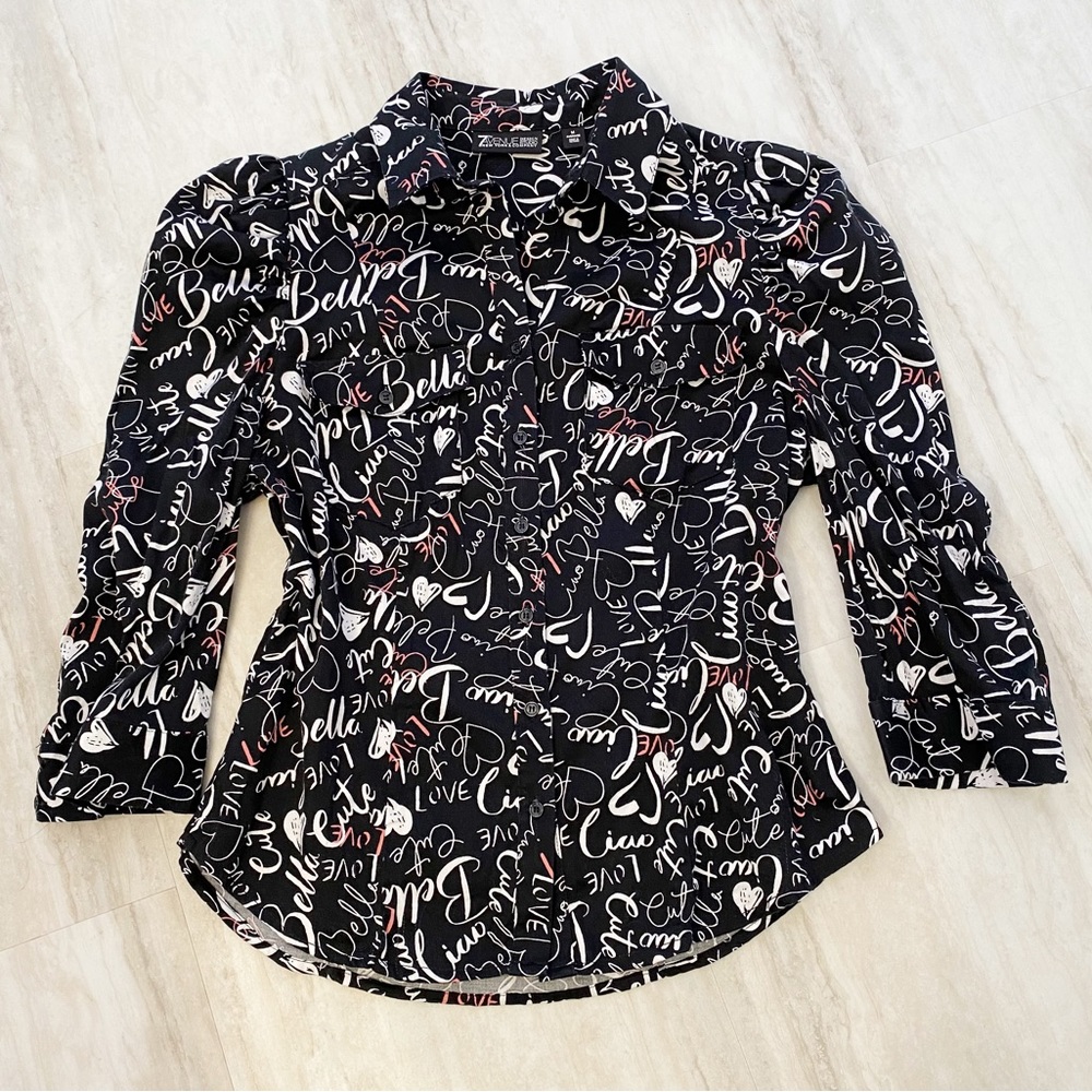 Graffiti Words Top Blouse Ciao Bella Pink Black Hearts Puffed Sleeves
